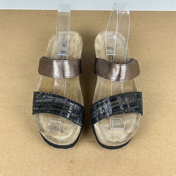 Naot Althea Leather Two Strap Sandals Womens 7 Black Rose Gold Slip On - Picture 2 of 9